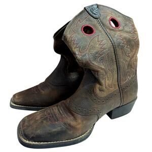 Ariat Cowboy Boots Youth Size 6 Brown Short Square Toe Rustic Rodeo